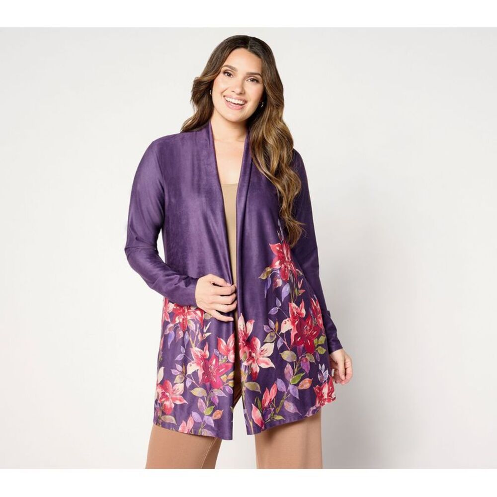 Susan Graver Women's Jacket Sz XL Printed Faux Suede Open Front Purple A662836